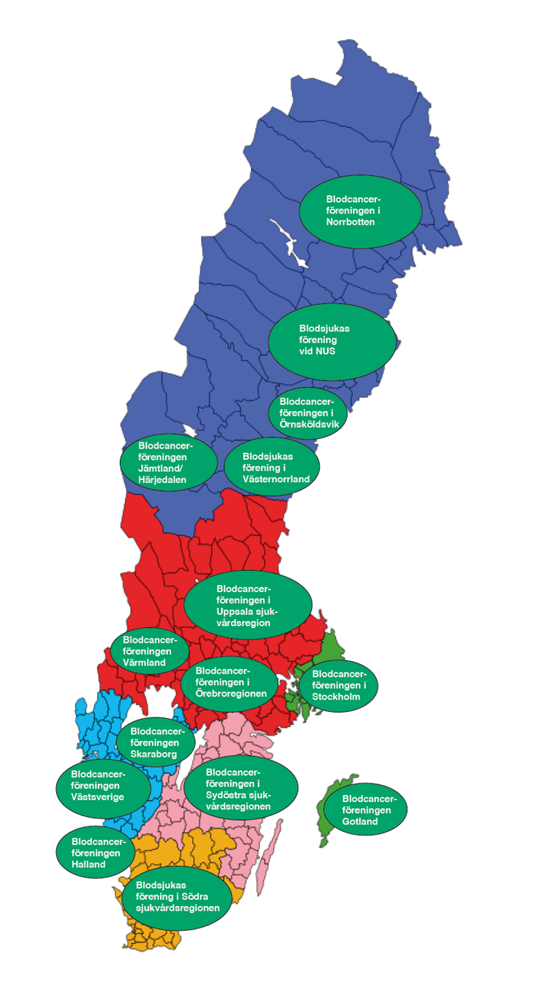 Sverigekarta med sjukvårdsregionerna och blodcancerföreningarna utmärkta som gröna oaser