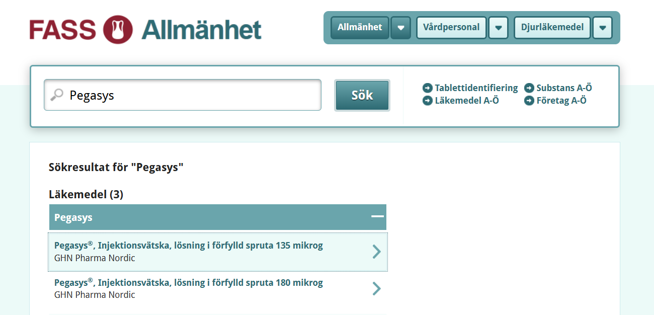 Om Pegasys I FASS Skärmdump