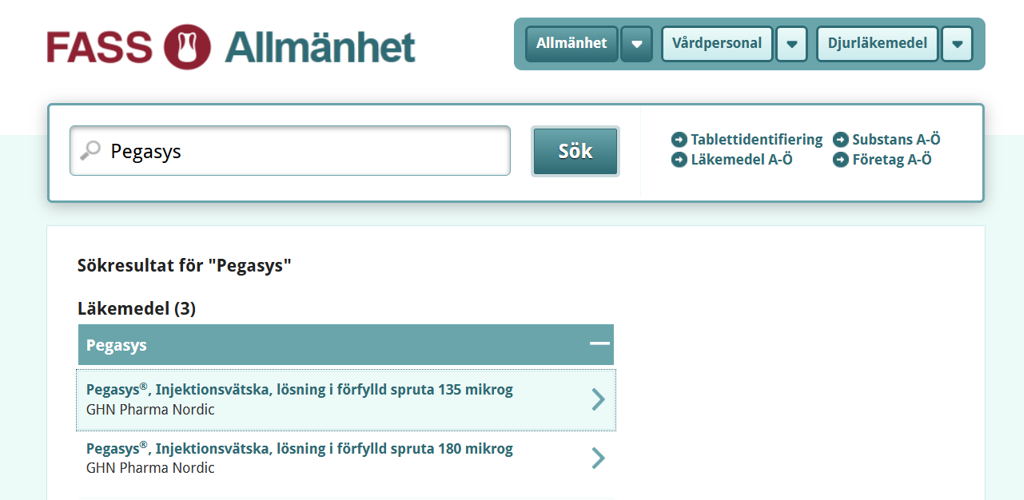 Om Pegasys I FASS Skärmdump