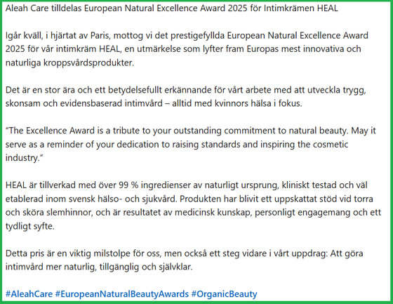 aleah care utmärkelse 2025