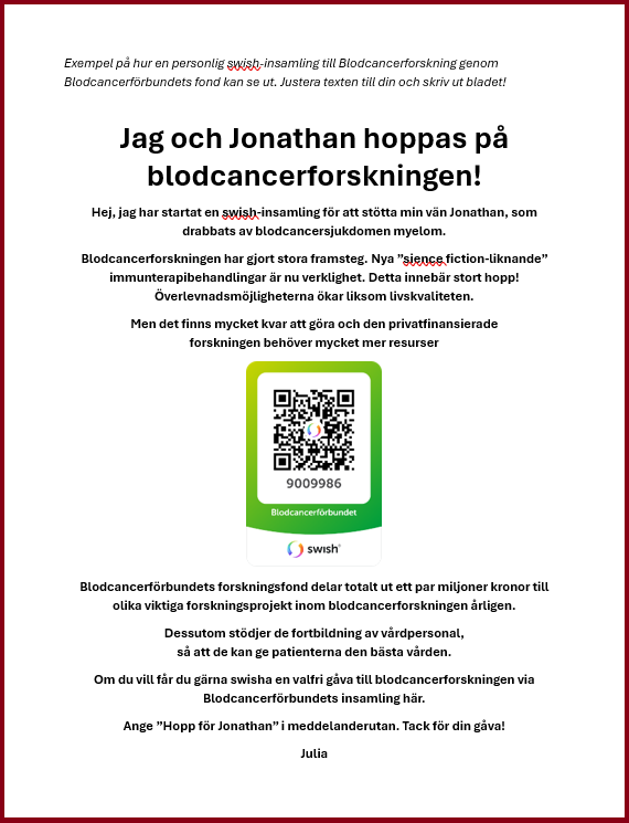 exempelblad på en personlig swishinsamling m ram