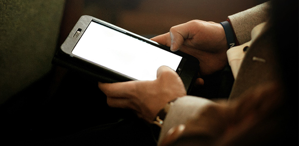 Stylish Man Holding Tablet With Empty White Screen YVVEZUQ