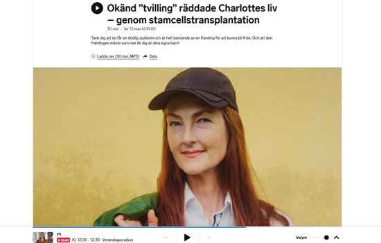Skärmdump SR Vetenskapspodden Charlotte Om Stamscellstransplantation