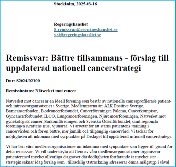 NMC remissyttrande kring nationell cancerstrategi mars 2025